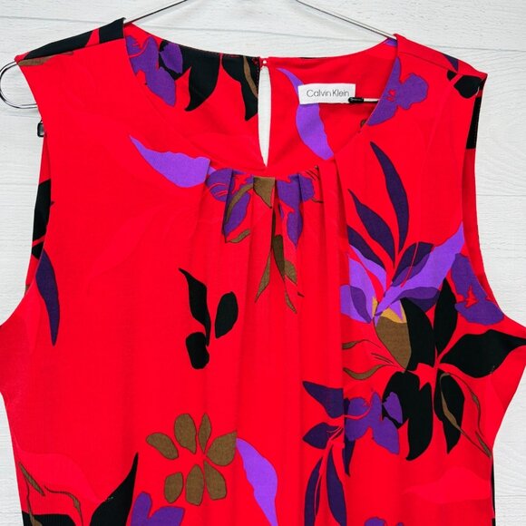 Calvin Klein Sleeveless Floral Top Red Purple Stretch Jersey Blouse Approx XL - Picture 4 of 12